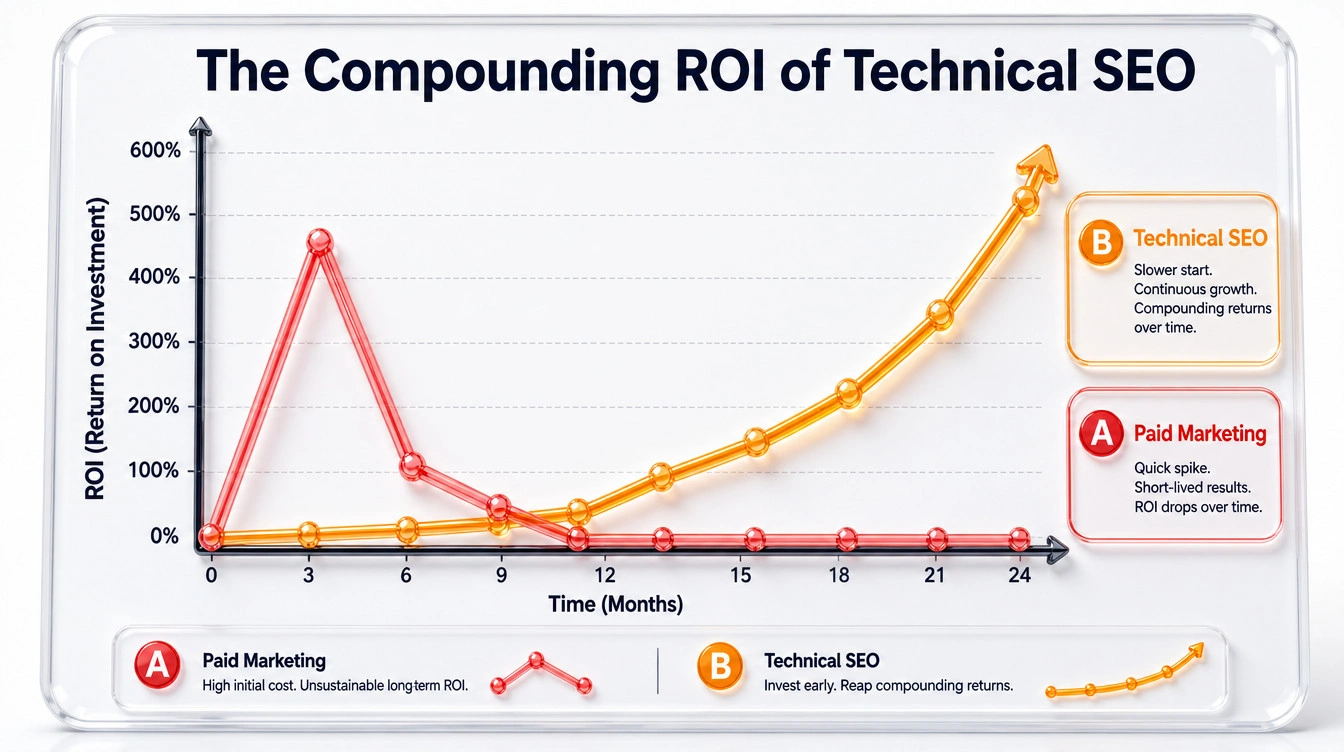 折线图比较技术 SEO 的长期累积回报与营销活动带来的短期增长。