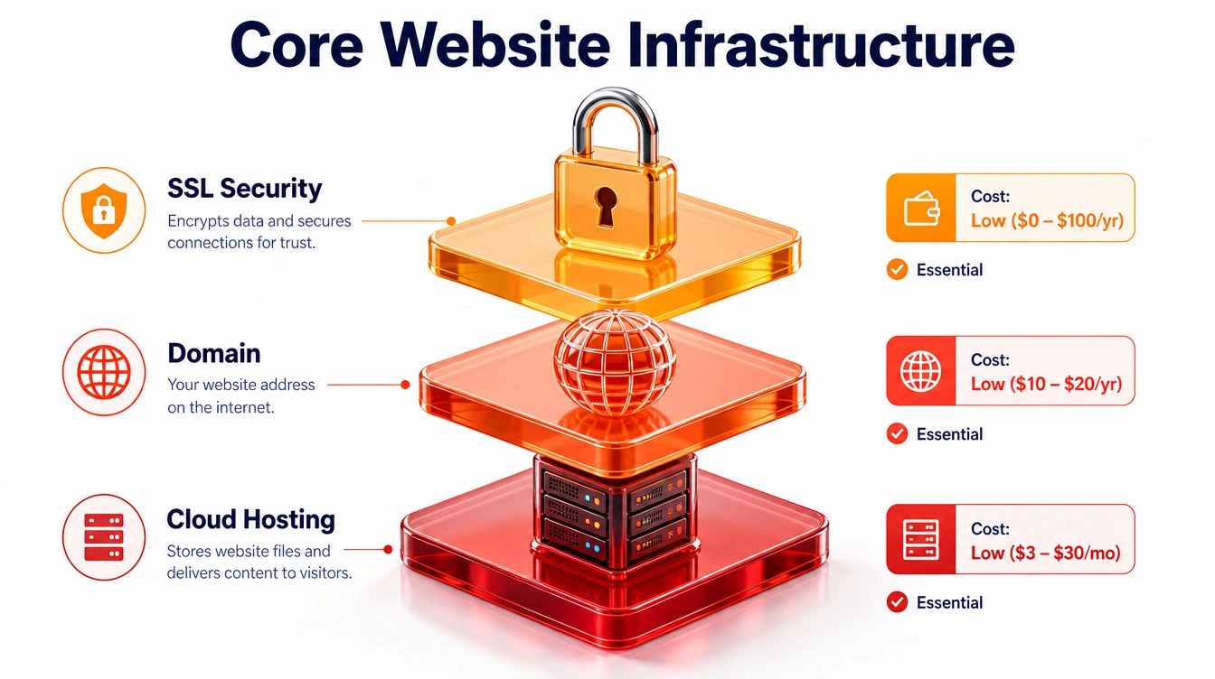Rajah berlapis yang menunjukkan komponen asas infrastruktur laman web, termasuk domain, pengehosan awan dan sijil SSL.