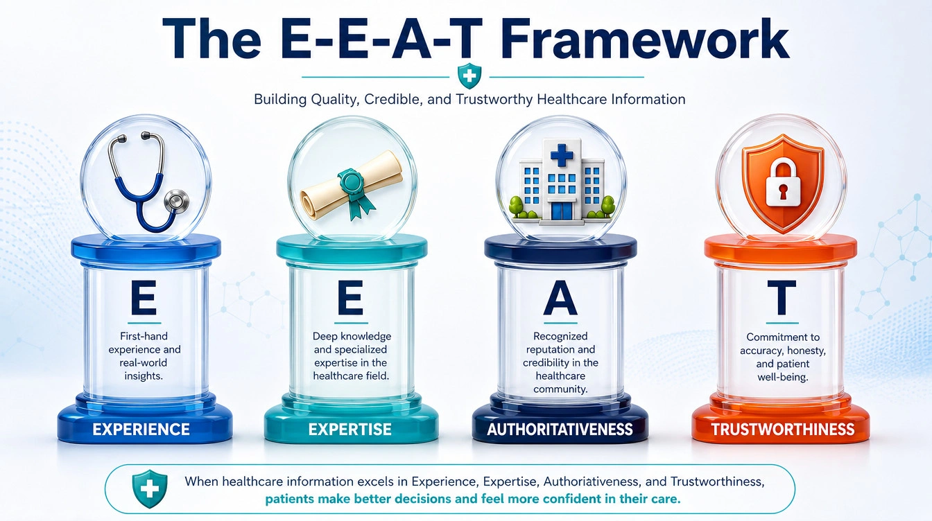 医疗网站 E-E-A-T 四大支柱:Experience、Expertise、Authoritativeness 和 Trustworthiness。