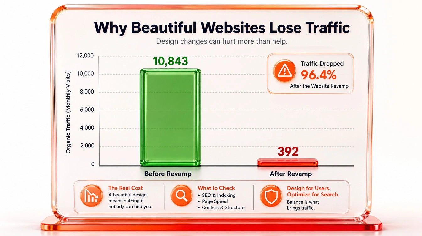 柱状图显示网站改版后若缺少技术监督，收录页面数量可能大幅下降。