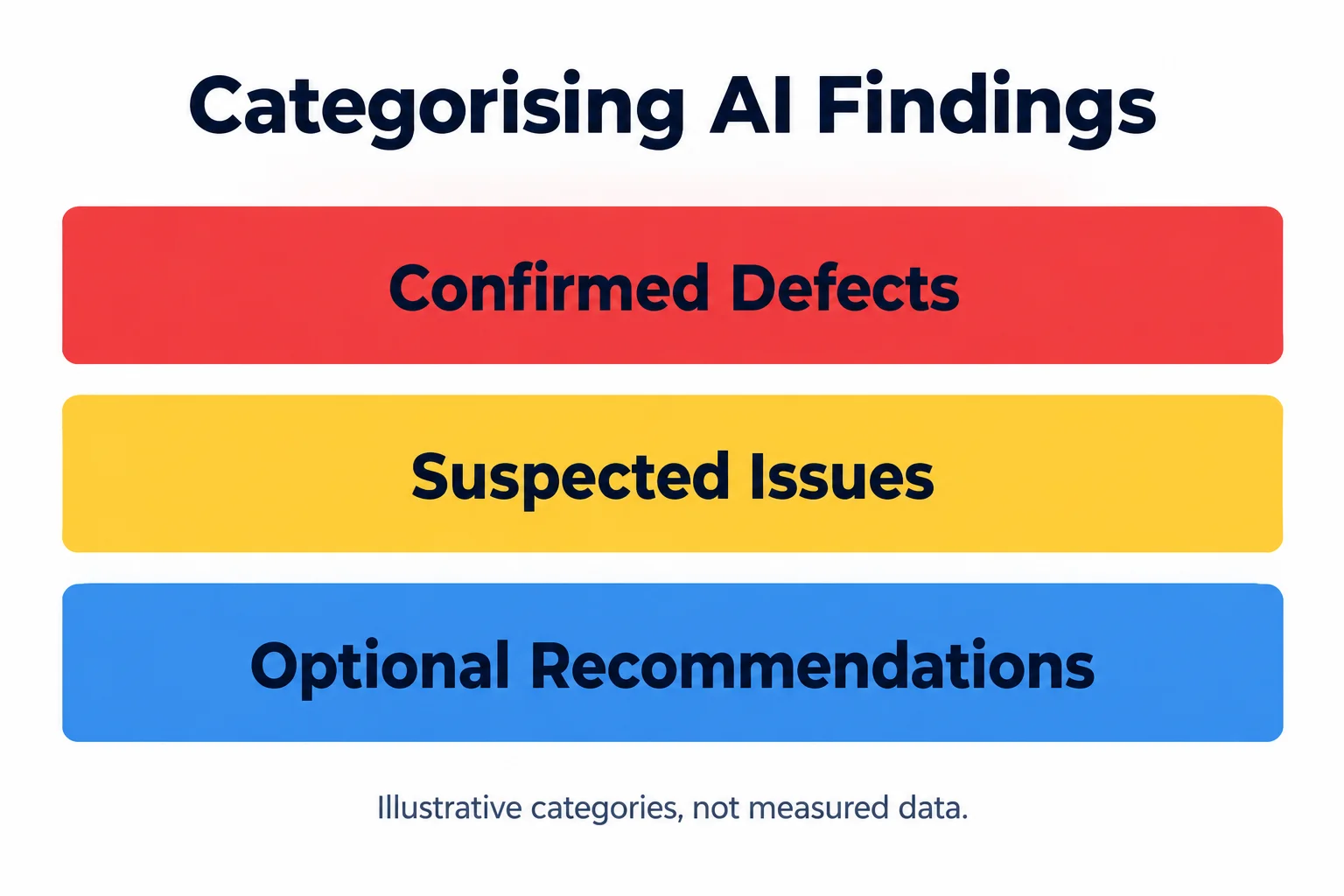 AI findings grouped as confirmed defects, suspected issues, and optional recommendations. These are illustrative categories, not measured results.