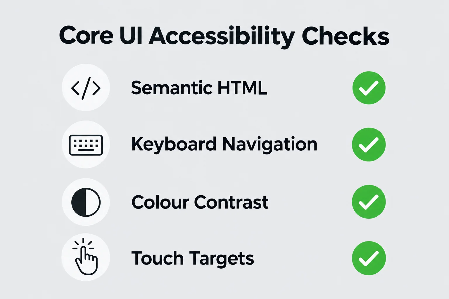 Four accessibility checks: semantic HTML, keyboard navigation, colour contrast, and touch targets.