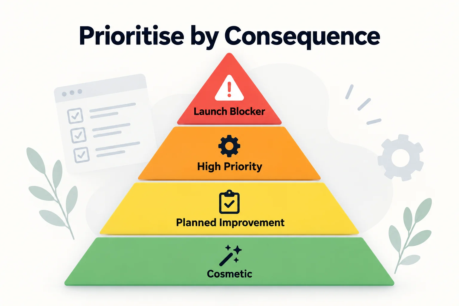 Priority levels: launch blocker, high priority, planned improvement, and cosmetic refinement.